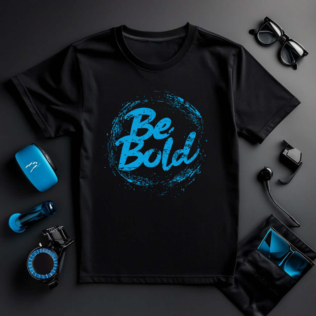 Be Bold unisex black t-shirt with blue graphic design, surrounded by accessories on a dark background.