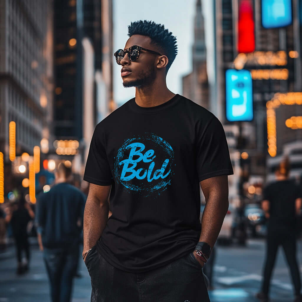 Confident man wearing Be Bold unisex black t-shirt in a vibrant city setting, showcasing a modern and empowering style.