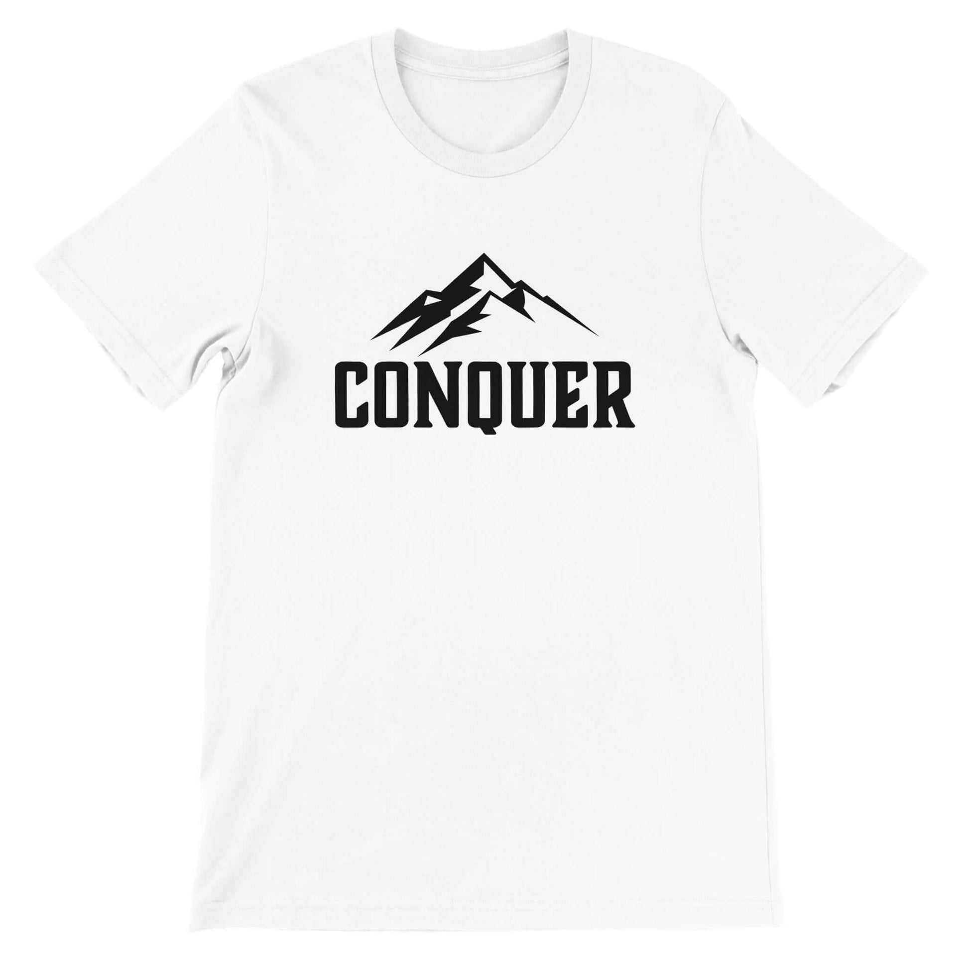 Conquer men’s white t-shirt featuring mountain graphic and bold logo for stylish everyday wear.